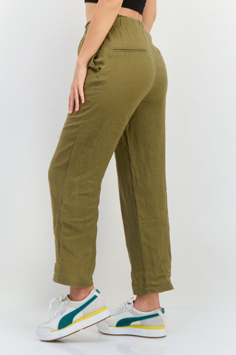 MANGO Women Regular Fit Plain Straight Leg Pants, Olive  - Image 2