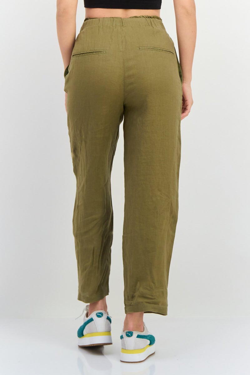 MANGO Women Regular Fit Plain Straight Leg Pants, Olive  - Image 3
