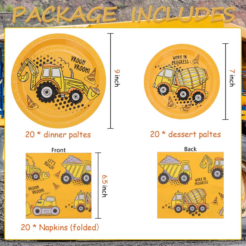 DYLIVeS 60 Pcs Construction Birthday Party Plates and Napkins Kit, Construction Theme Tableware Set Dump Truck Party Table Decorations Supplies, Disposable 9'' and 7'' Paper Plates, Napkins, Serves 20 - Image 2