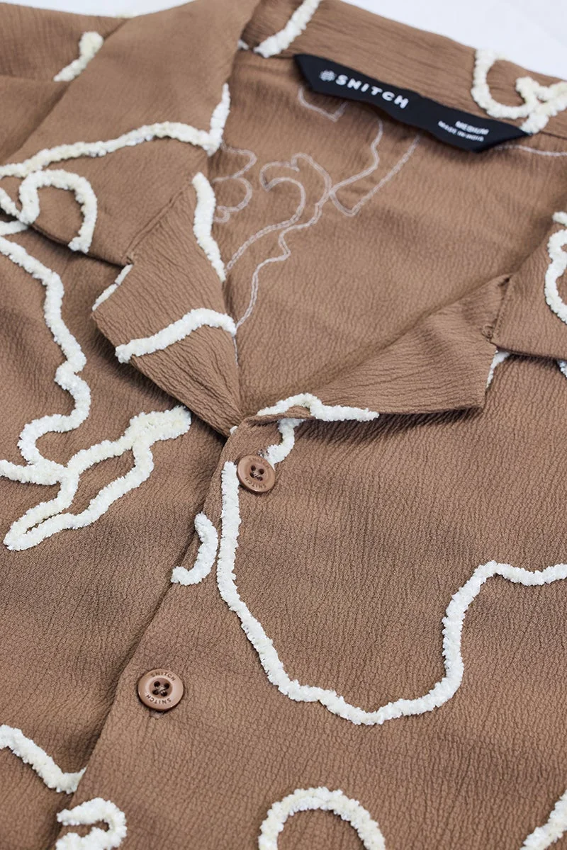 سنيتش Muted Brown Abstract Half Sleeve Boxy Shirt