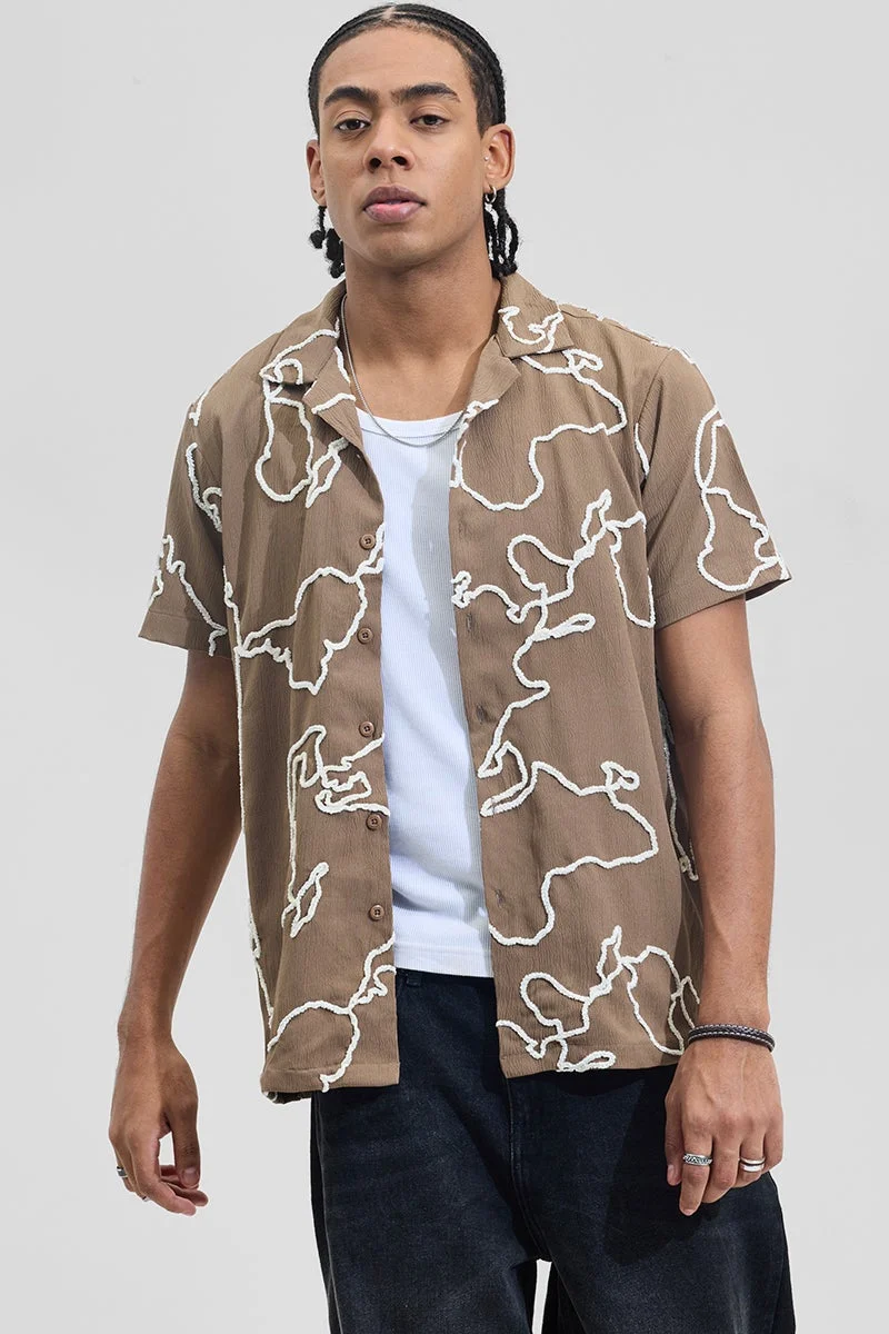 سنيتش Muted Brown Abstract Half Sleeve Boxy Shirt