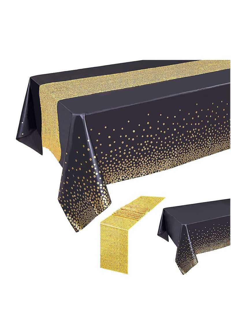 SOLARAE Black Tablecloth Gold Sequin Table Runner Set, Black and Gold Party Decorations, Rectangle Table Cover Plastic Table Cloths for Parties, Gold Table Runners, for Graduation Birthday Anniversary - Image 2