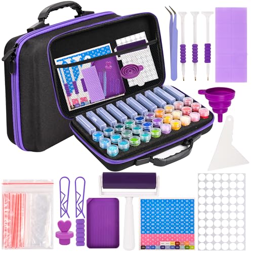 MERATIA Diamond Painting Storage Container, Diamond Art Kits for Adults Stackable Bead Organizer with Carrying Handle, Craft Storage Box with Accessories (Purple-10 Square+30 Round Bottles) - Image 1
