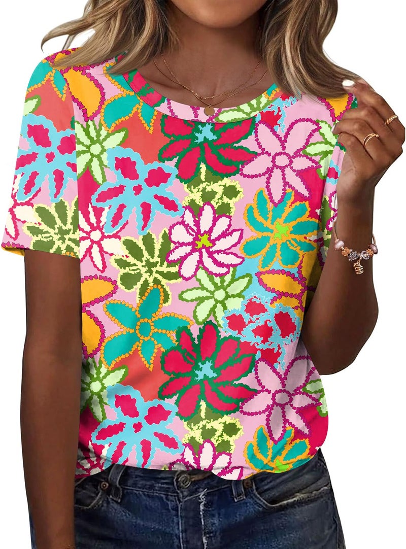 TCOT Women's Crew Neck Short Sleeve Tops Classic Summer Dress Shirt Tunic Tops Business Blouses Flower Pattern L - Image 1