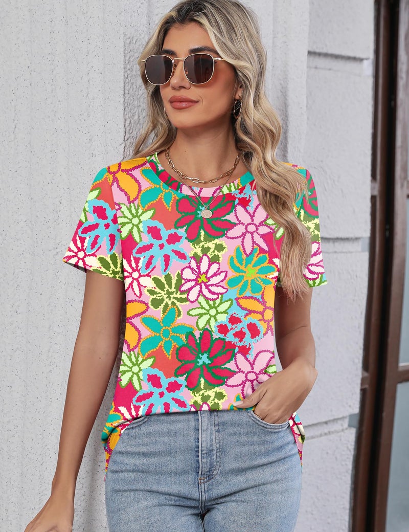 TCOT Women's Crew Neck Short Sleeve Tops Classic Summer Dress Shirt Tunic Tops Business Blouses Flower Pattern L - Image 5
