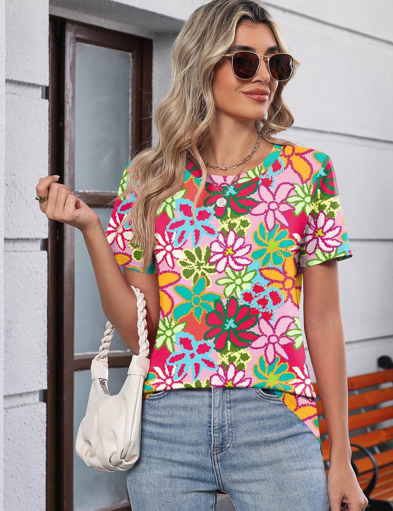 TCOT Women's Crew Neck Short Sleeve Tops Classic Summer Dress Shirt Tunic Tops Business Blouses Flower Pattern L - Image 2