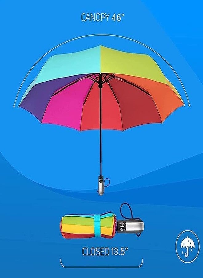 CARTIFY Foldable Auto Open/Close 8 Ribs 8 colors Rainbow Umbrellas Safety Night Reflective Strip, Automatic Open & Close Travel Compact Winproof Umbrella 3 Fold with Auto Open and Close - Image 2