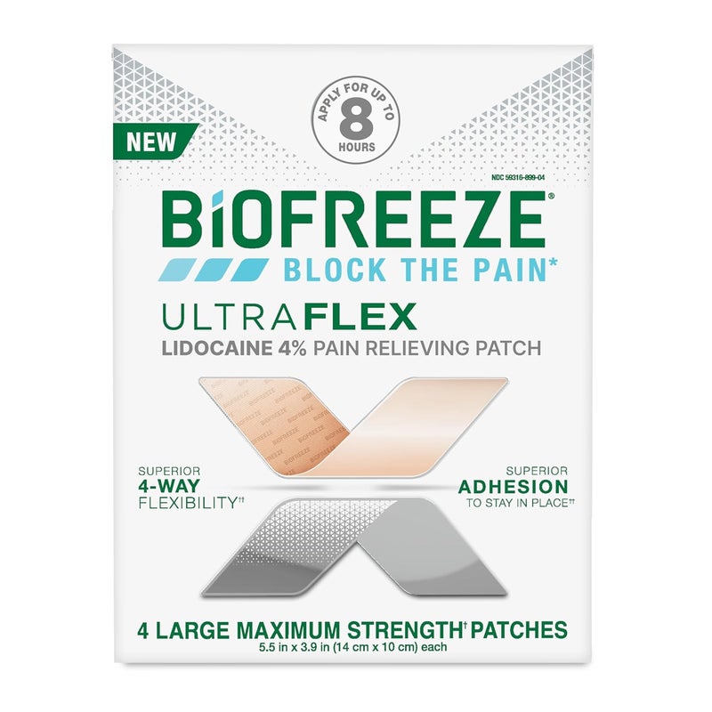 Biofreeze UltraFlex Lidocaine Patches Maximum Strength Flexible Pain Relief Patch for Lower Back Lidocaine Patch for Neck Knee Shoulder 4 Large Pain Patches - Image 1