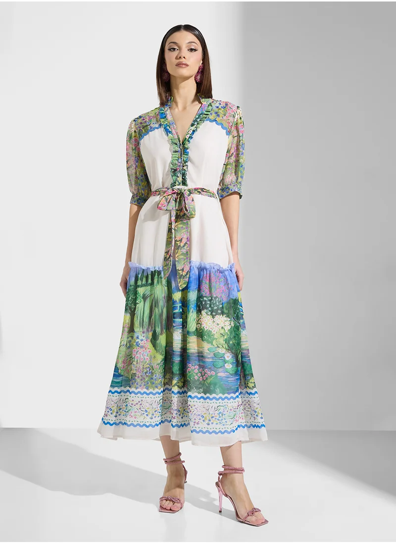 Hope & Ivy Scenic Print Midi Shirt Dress