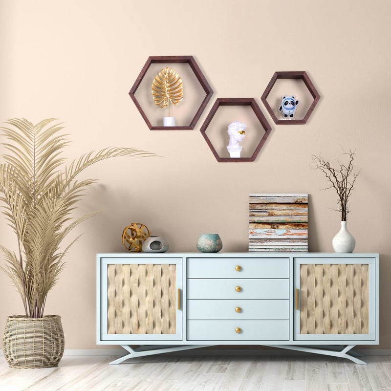 PHOENANCEE Hexagon Floating Shelves,Honeycomb Shelf Set of 3,Wood Farmhouse Hexagonal Decor Wall Storage for Living Room Bedroom Kitchen Office(Walnut) - Image 3
