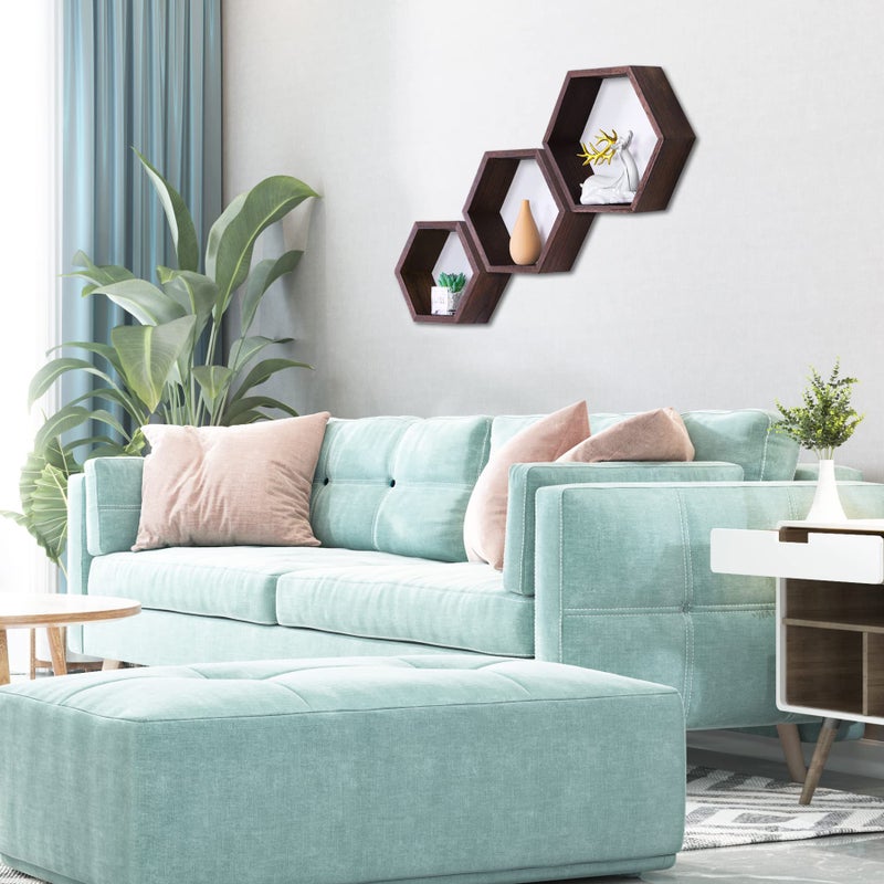PHOENANCEE Hexagon Floating Shelves,Honeycomb Shelf Set of 3,Wood Farmhouse Hexagonal Decor Wall Storage for Living Room Bedroom Kitchen Office(Walnut) - Image 4