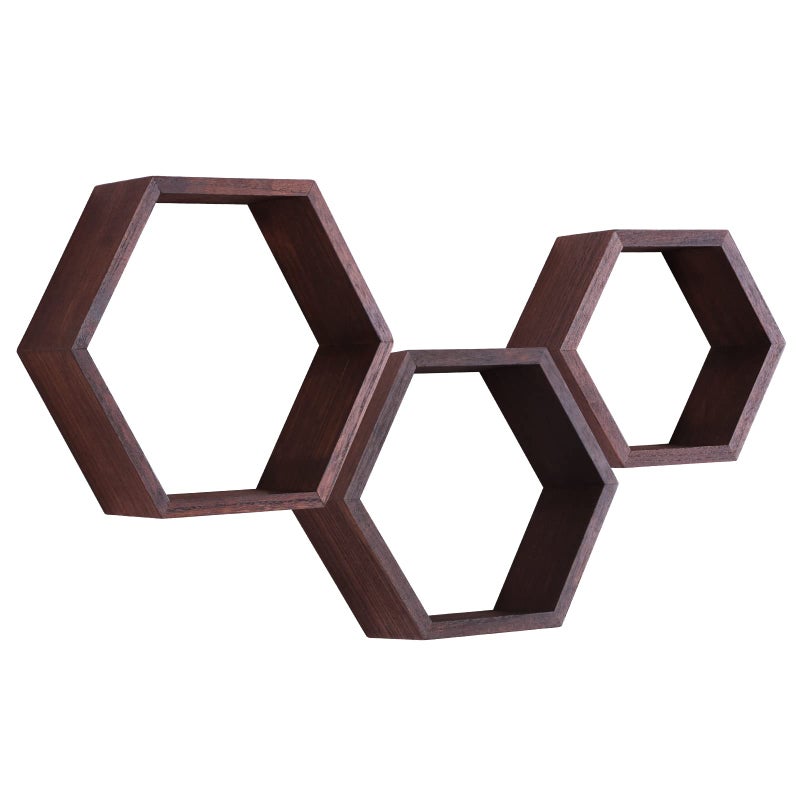 PHOENANCEE Hexagon Floating Shelves,Honeycomb Shelf Set of 3,Wood Farmhouse Hexagonal Decor Wall Storage for Living Room Bedroom Kitchen Office(Walnut) - Image 1
