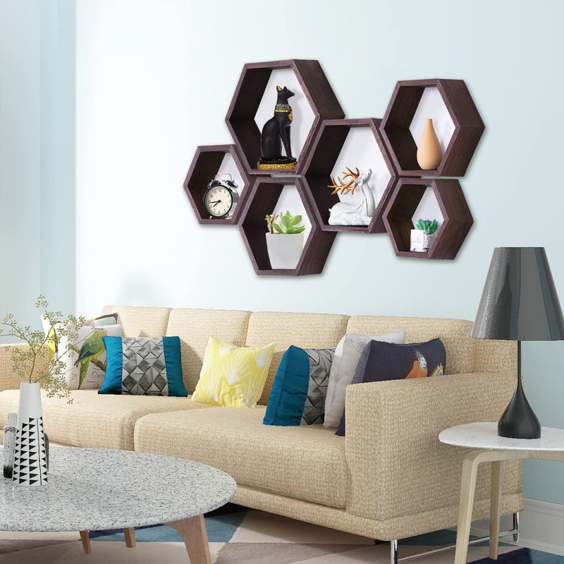 PHOENANCEE Hexagon Floating Shelves,Honeycomb Shelf Set of 3,Wood Farmhouse Hexagonal Decor Wall Storage for Living Room Bedroom Kitchen Office(Walnut) - Image 2
