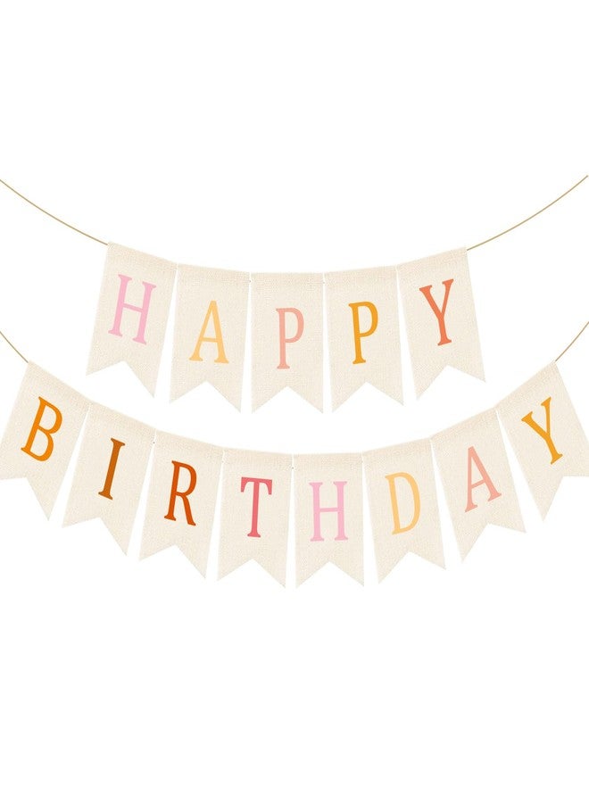 Doumeny Happy Birthday Burlap Banner Pink Boho Birthday Bunting Garland Bohemian Sign Flag White Birthday Hanging Banner Pastel Decor for Home Mantel Fireplace Nursery Party Backdrop - Image 1