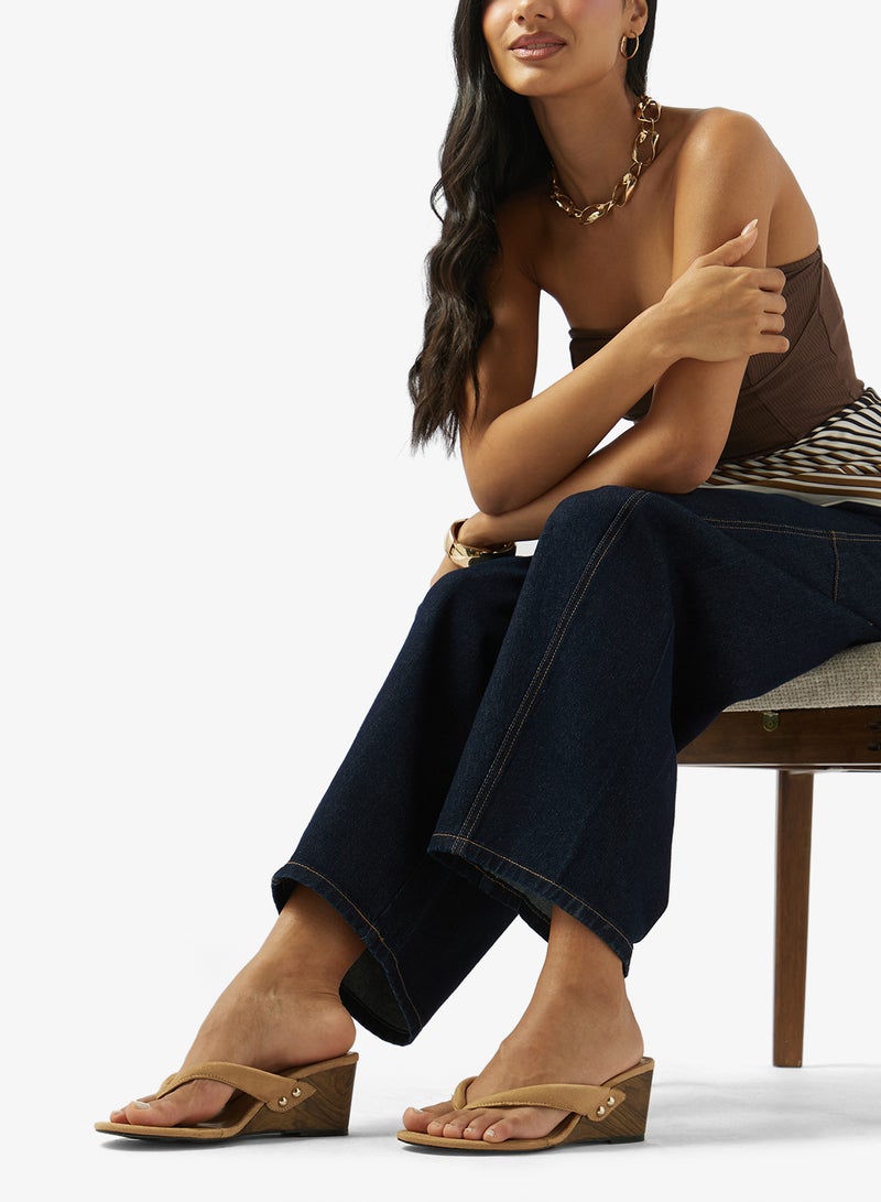 GLAMOROUS Neutral Suedette Toe Thong Wedge Sandals - Image 5