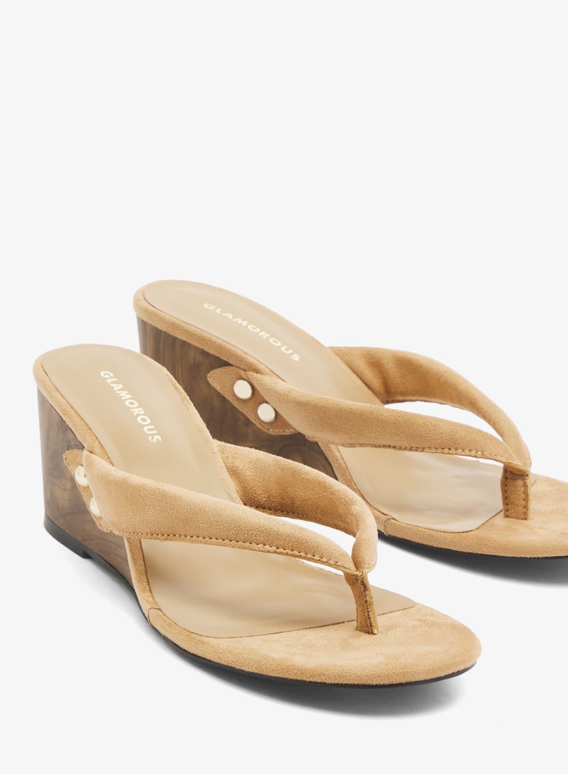 GLAMOROUS Neutral Suedette Toe Thong Wedge Sandals - Image 4