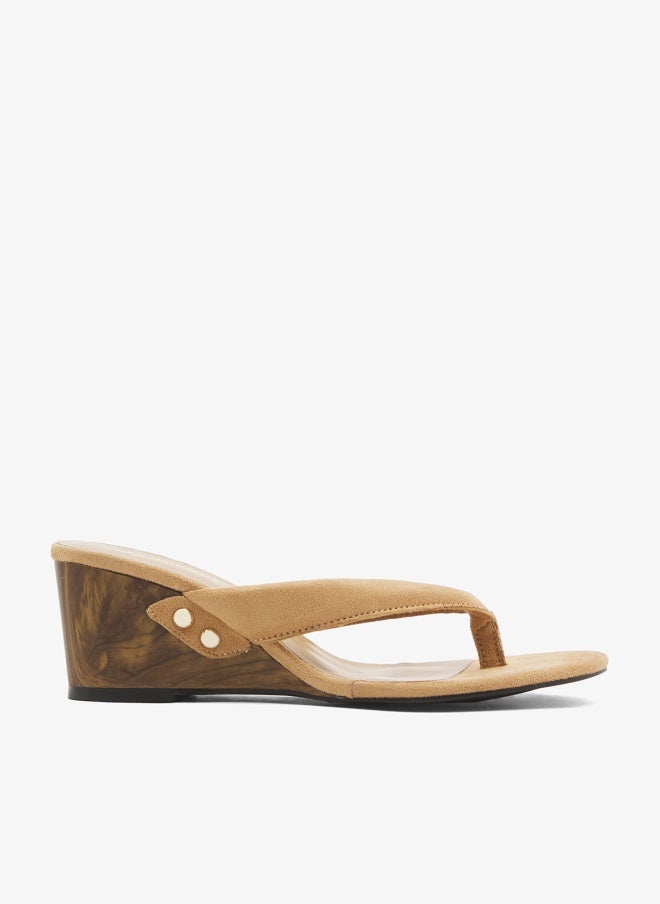 GLAMOROUS Neutral Suedette Toe Thong Wedge Sandals - Image 1