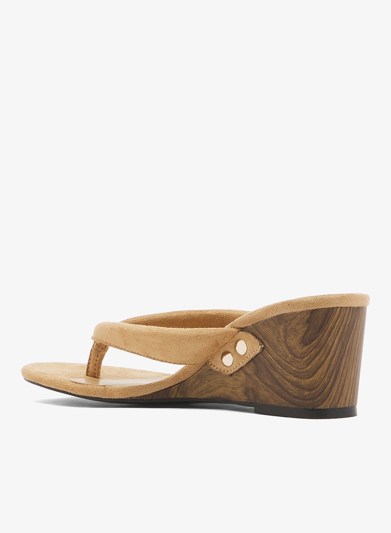 GLAMOROUS Neutral Suedette Toe Thong Wedge Sandals - Image 3