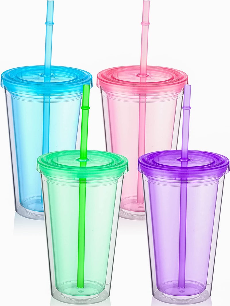 Nuogo 4 Pieces Insulated Double Wall Plastic Tumbler with Lids and Straws Reusable Transparent Plastic Cup 16 oz Tumbler Bulk for Coffee Drinks Milk Tea Juice Pink Blue Green Purple