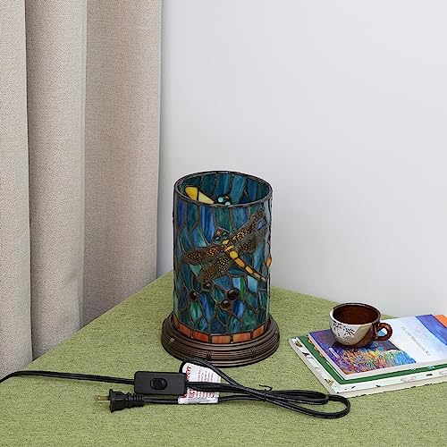 Blivuself Tiffany lamp Stained Glass Table lamp Teal Dragonfly Style Bedroom Bedside Flower Vase Decor Green Small Night Light Mini Cute Kids Accent Unique LED Cottage Aesthetic Nightstand Cylinder Desk lamp - Image 4
