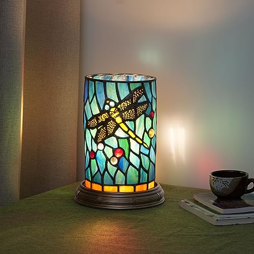 Blivuself Tiffany lamp Stained Glass Table lamp Teal Dragonfly Style Bedroom Bedside Flower Vase Decor Green Small Night Light Mini Cute Kids Accent Unique LED Cottage Aesthetic Nightstand Cylinder Desk lamp - Image 1