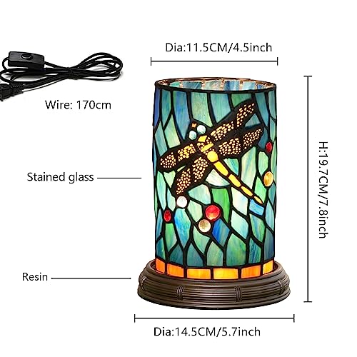 Blivuself Tiffany lamp Stained Glass Table lamp Teal Dragonfly Style Bedroom Bedside Flower Vase Decor Green Small Night Light Mini Cute Kids Accent Unique LED Cottage Aesthetic Nightstand Cylinder Desk lamp - Image 3