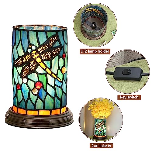 Blivuself Tiffany lamp Stained Glass Table lamp Teal Dragonfly Style Bedroom Bedside Flower Vase Decor Green Small Night Light Mini Cute Kids Accent Unique LED Cottage Aesthetic Nightstand Cylinder Desk lamp - Image 2