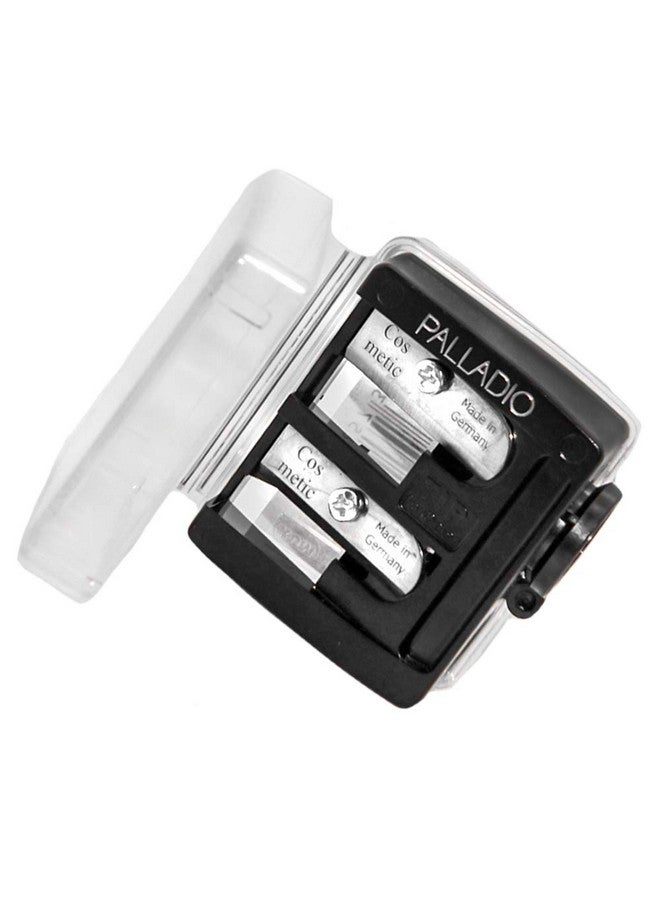 PALLADIO Double Barrel 3 In 1 Cosmetic Pencil Sharpener With Cover, Stainless Steel Blade, Size Adjuster, Essential For Small And Extra Large Lip Liner, Eyeliner, Brow Pencils - Image 1