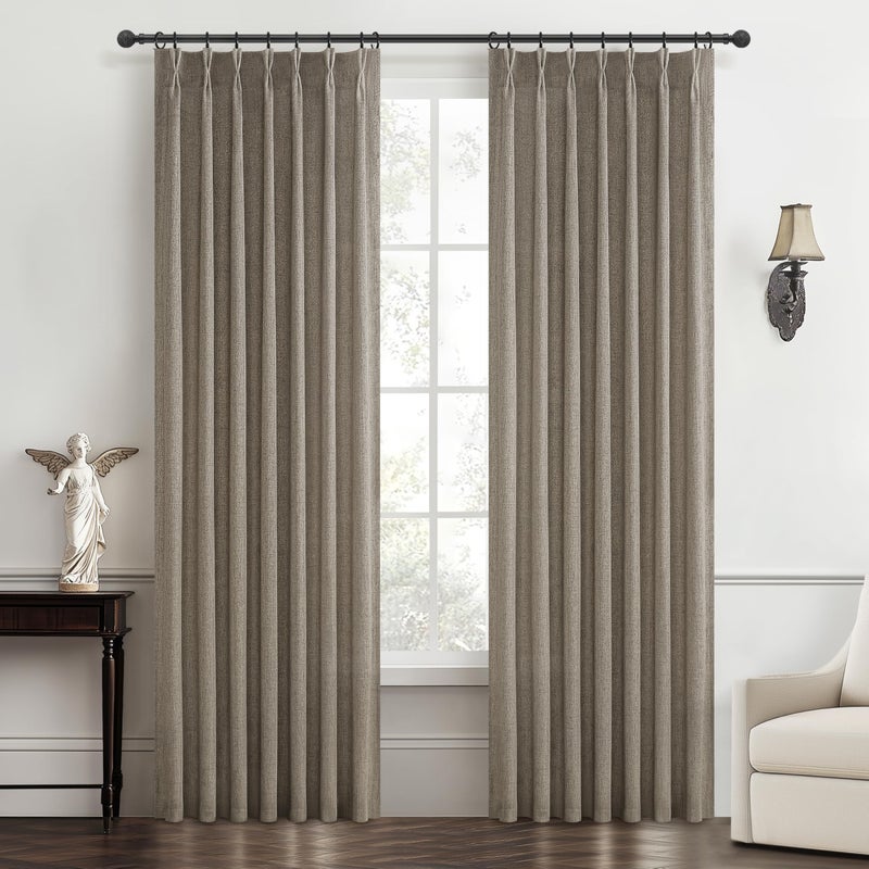 PleatedDrapes Memory Shape Pinch Pleated 86 Inch Curtains 2 Panels Set for Living Room, Dark Flax Natural Linen Semi Sheer Light Filtering Privacy Sliding Glass Door Boho Viral Window Curtain 40"W x 86"L Brown Burg - Image 1