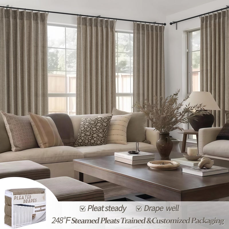PleatedDrapes Memory Shape Pinch Pleated 86 Inch Curtains 2 Panels Set for Living Room, Dark Flax Natural Linen Semi Sheer Light Filtering Privacy Sliding Glass Door Boho Viral Window Curtain 40"W x 86"L Brown Burg - Image 5