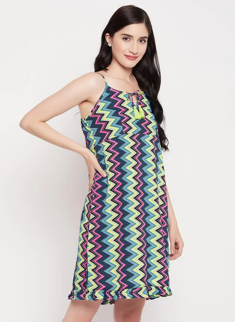 Clovia Multi Clovia Chevron Print Resort Wear Slip Dress in Multicolour with Ruffles - Crepe for Women | Best Price UAE