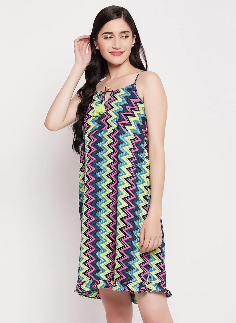 كلوفيا Clovia Chevron Print Resort Wear Slip Dress in Multicolour with Ruffles - Crepe