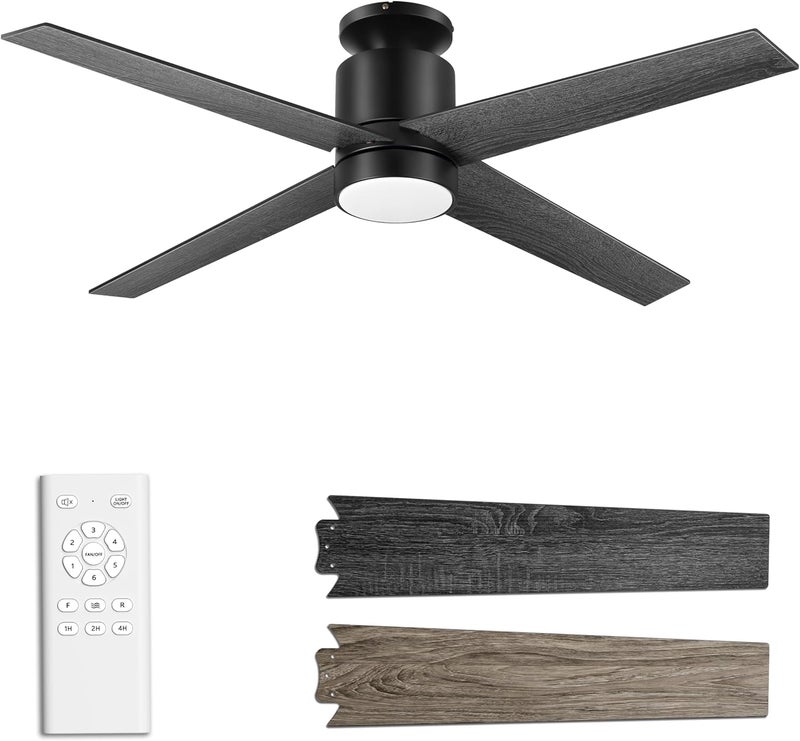 Ohniyou Ceiling Fans with Lights Flush Mount, 52 Inch Low Profile Ceiling Fan with Light, 4 Blades, 6 Speeds, Ceiling Fans with Lights and Remote for Bedroom Living Room Indoor (Black) - Image 1