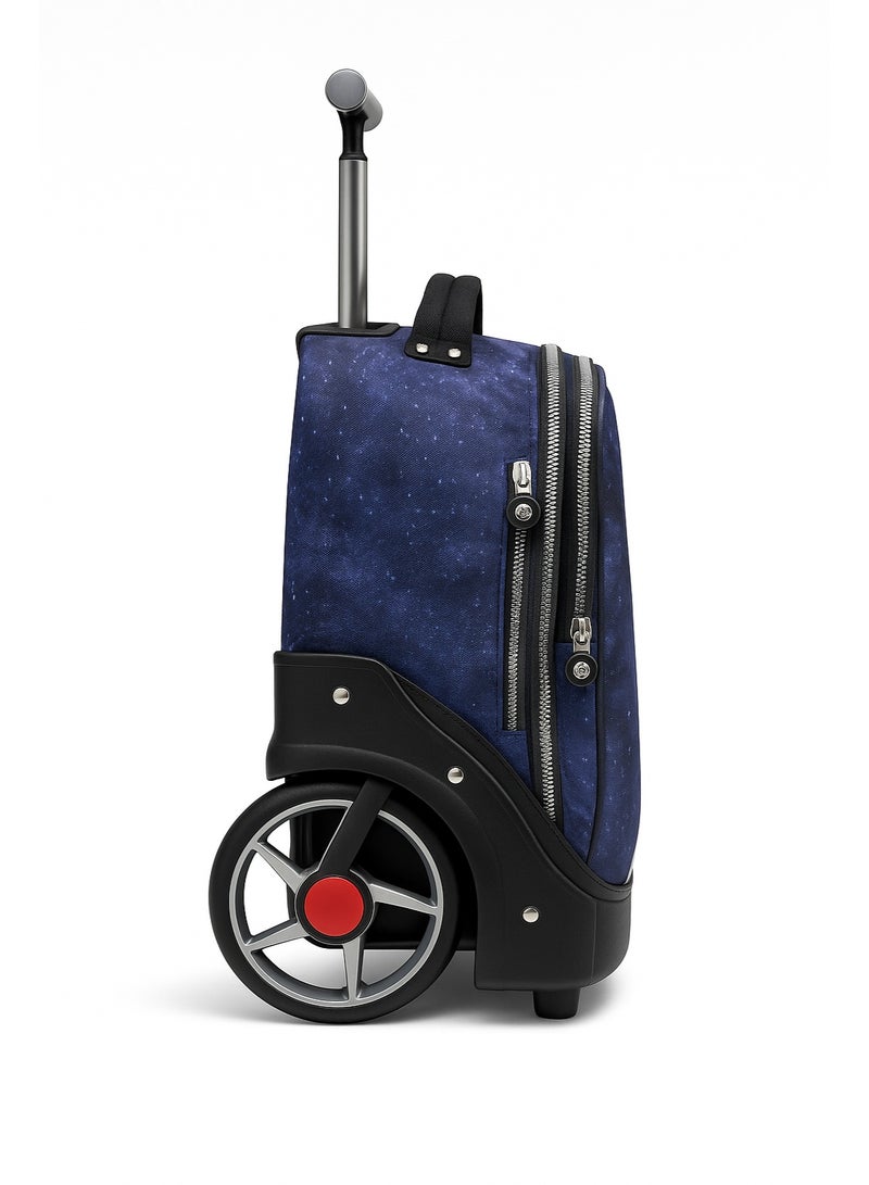 باور حقيبة مدرسية بعجلات كبيرة – حقيبة ظهر مدرسية متينة مقاومة للماء للأطفال والمراهقين (تصميم مجرة أزرق) - Image 2
