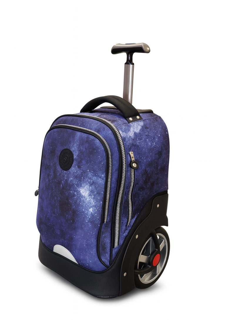 باور حقيبة مدرسية بعجلات كبيرة – حقيبة ظهر مدرسية متينة مقاومة للماء للأطفال والمراهقين (تصميم مجرة أزرق) - Image 1
