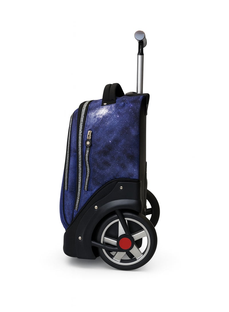باور حقيبة مدرسية بعجلات كبيرة – حقيبة ظهر مدرسية متينة مقاومة للماء للأطفال والمراهقين (تصميم مجرة أزرق) - Image 5