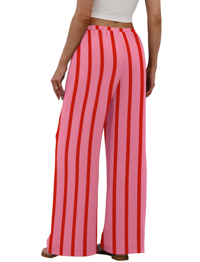 Sampeel Palazzo Pants for Women Flowy Business Casual Outfits Summer Pajama Pants Striped Beach Vacation Clothes Spring Fashion Clothing Vacation Outfits Wide Leg Trousers Pink S - Image 5
