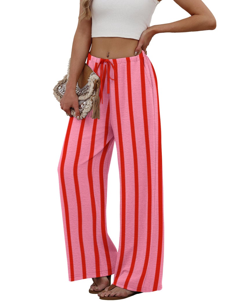 Sampeel Palazzo Pants for Women Flowy Business Casual Outfits Summer Pajama Pants Striped Beach Vacation Clothes Spring Fashion Clothing Vacation Outfits Wide Leg Trousers Pink S - Image 4