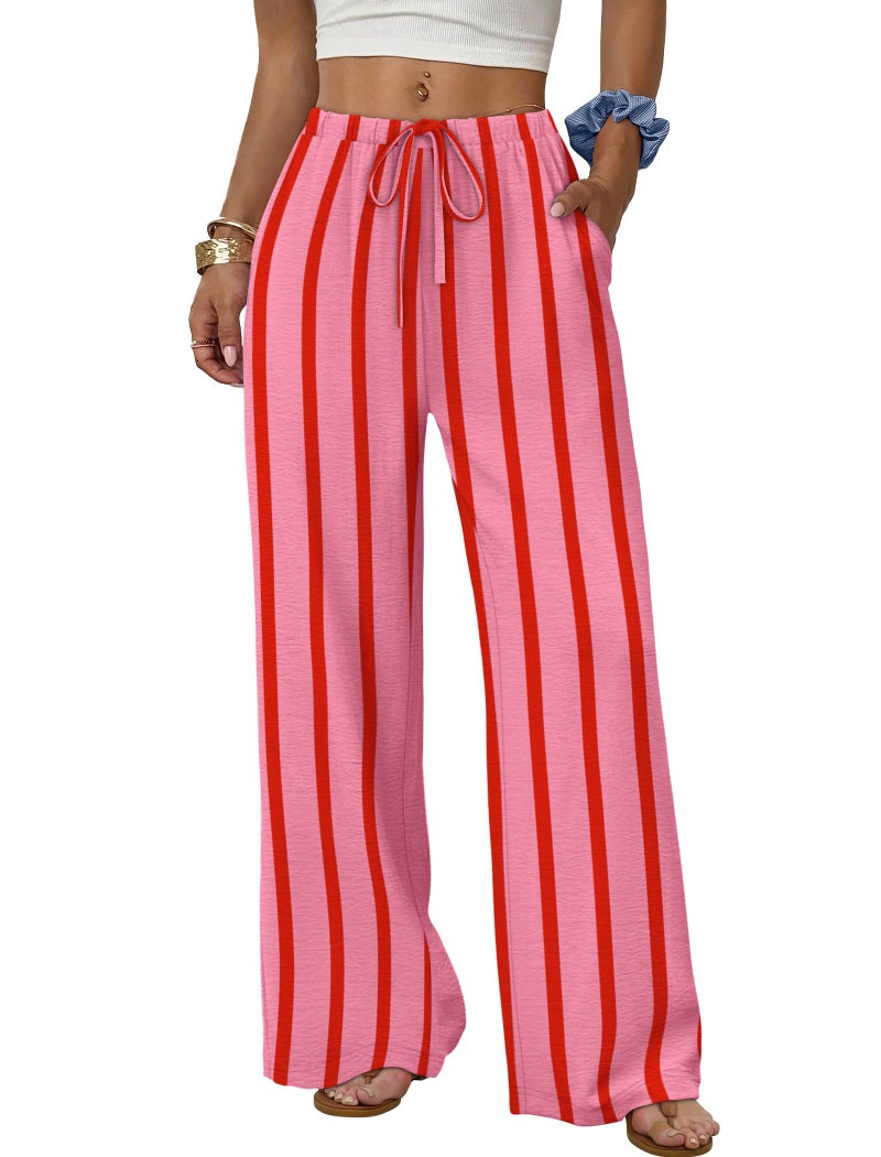 Sampeel Palazzo Pants for Women Flowy Business Casual Outfits Summer Pajama Pants Striped Beach Vacation Clothes Spring Fashion Clothing Vacation Outfits Wide Leg Trousers Pink S - Image 1