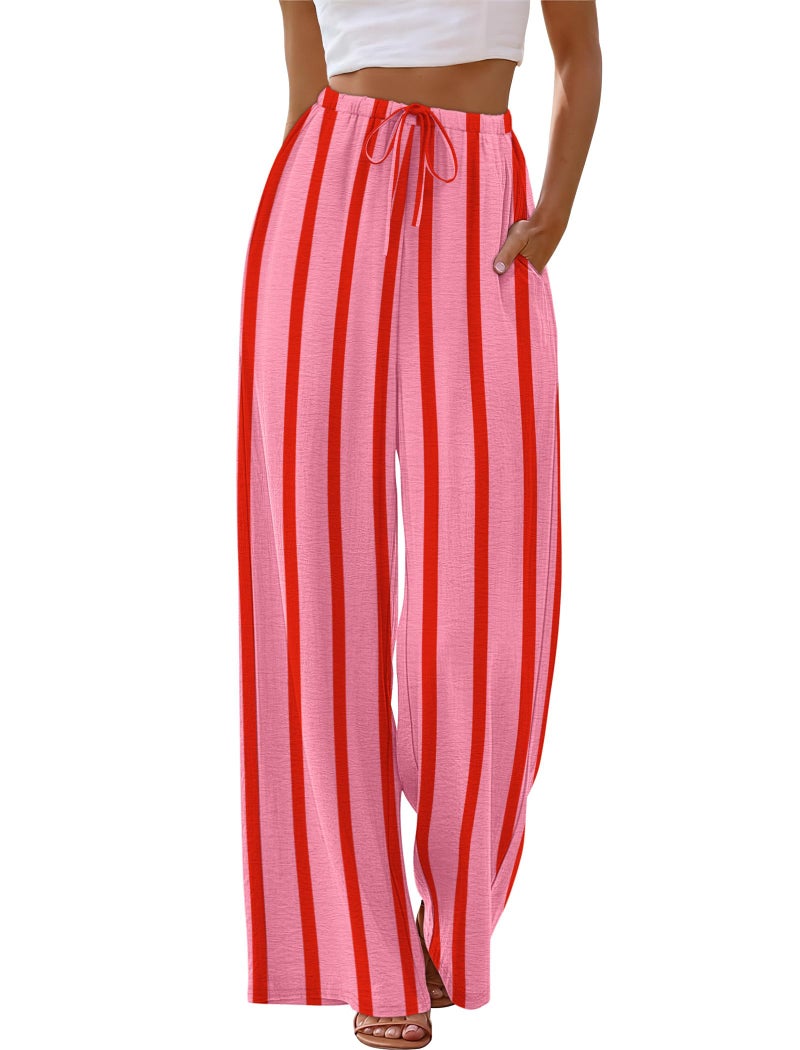 Sampeel Palazzo Pants for Women Flowy Business Casual Outfits Summer Pajama Pants Striped Beach Vacation Clothes Spring Fashion Clothing Vacation Outfits Wide Leg Trousers Pink S - Image 2