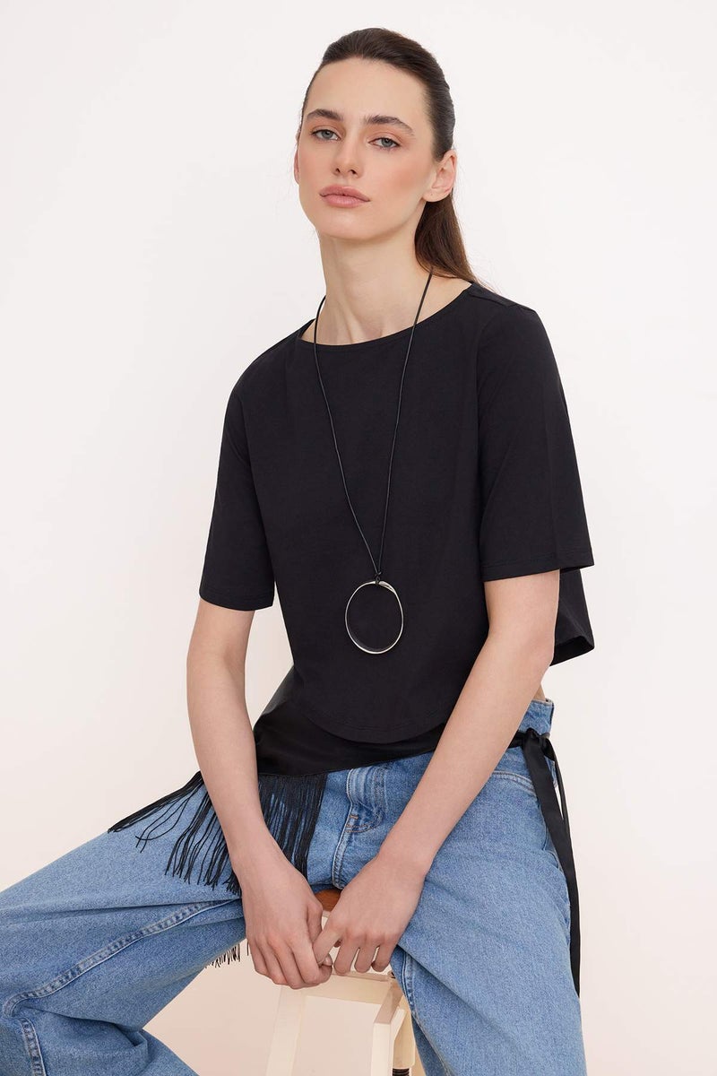 trendyol Black Plain Regular Crew Neck Standard Sleeve Three Quarter Sleeve 100% Cotton Knitted T-Shirt Twoss26Ts00200 - Image 1