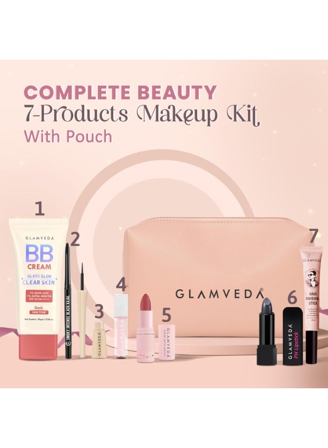 Glamveda Festive Glam Gift Set of 7 | Makeup Kit With Kajal, Eyeliner, BB Cream Dark Tone 30g, Ph Lipstick, Lip Gloss, Bullet Lipstick, Hair Finishing Stick For Women 20ml | Travel Kit | Travel Pouch Included - Image 2