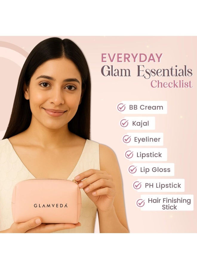 Glamveda Festive Glam Gift Set of 7 | Makeup Kit With Kajal, Eyeliner, BB Cream Dark Tone 30g, Ph Lipstick, Lip Gloss, Bullet Lipstick, Hair Finishing Stick For Women 20ml | Travel Kit | Travel Pouch Included - Image 3