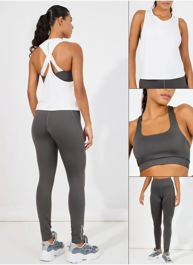 Styli Pack of 3 - Reflective Twist Back Tank, Cross Over Strap Sports Bra & Leggings Set