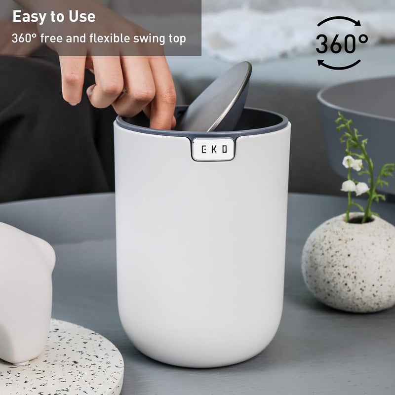 EKO Fandy Table Bin, 1.5L Mini Desk Rubbish Bin with Swing-Top Lid - White - Image 4