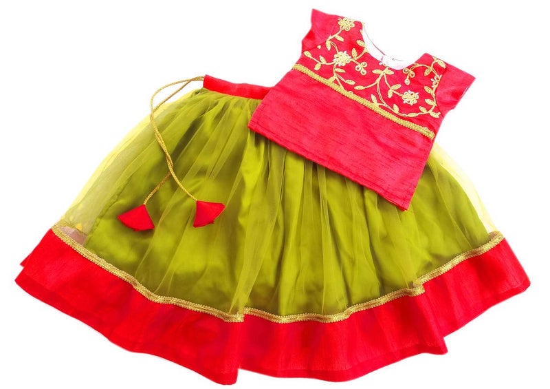 Stanwells Kids Girls Pea Green & Red Lehenga Choli Set | Net Embroidered Ethnic Dress | Traditional South Indian Pattu Pavadai (3–4 Years) - Image 1