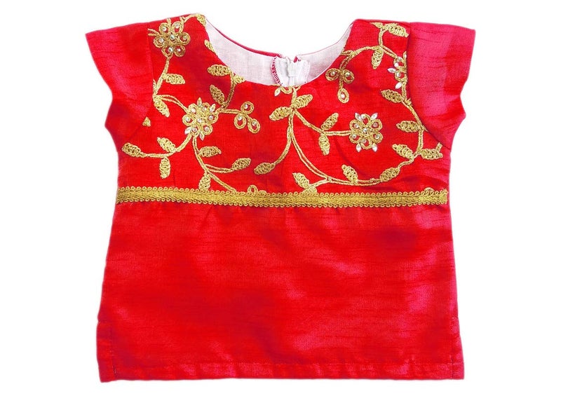 Stanwells Kids Girls Pea Green & Red Lehenga Choli Set | Net Embroidered Ethnic Dress | Traditional South Indian Pattu Pavadai (3–4 Years) - Image 3