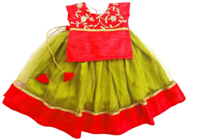 Stanwells Kids Girls Pea Green & Red Lehenga Choli Set | Net Embroidered Ethnic Dress | Traditional South Indian Pattu Pavadai (3–4 Years) - Image 2