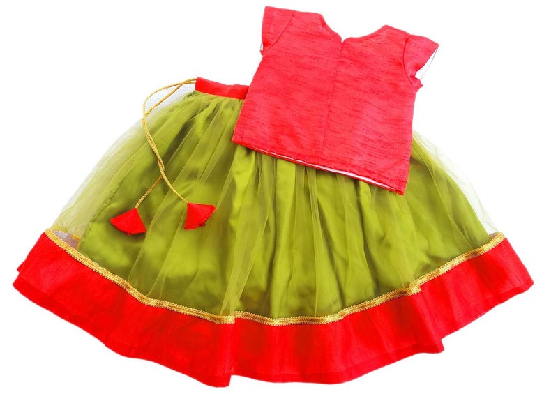 Stanwells Kids Girls Pea Green & Red Lehenga Choli Set | Net Embroidered Ethnic Dress | Traditional South Indian Pattu Pavadai (3–4 Years) - Image 4