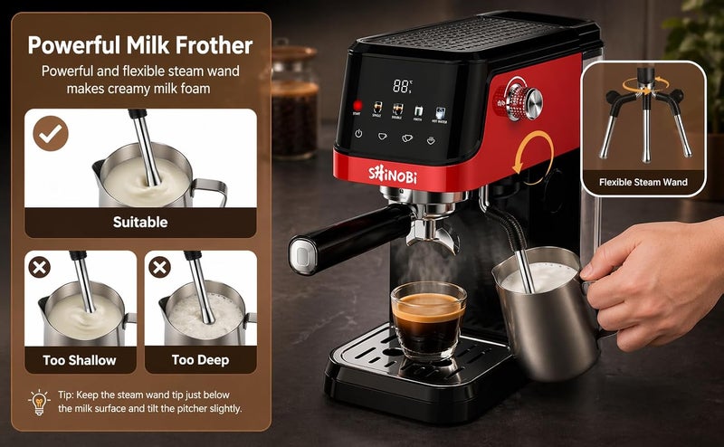 SHINOBI Espresso Coffee Machine with Best Italian Pump,20 Bar, Touch Screen, Big 1.5L Water Tank, Milk Frother, Thermoblock Fast Heating1350W, Professional Cappuccino & Latte Maker. - Image 5